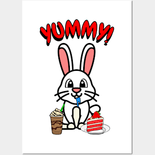 Cute white rabbit is having coffee and cake Posters and Art